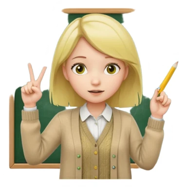 a girl with the same face as the reference image, behind a green chalkboard with math equations, wearing a beige cardigan over a white collared shirt, holding a yellow straight ruler and pointing at the chalkboard, in a teaching pose sticker