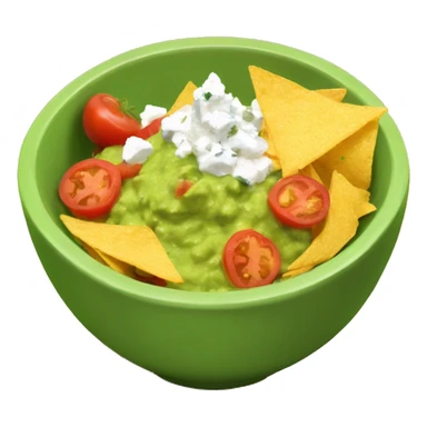 A bowl with gucamole, tomato pieces in it , feta cheese, with nachos and a bottle of coke  sticker