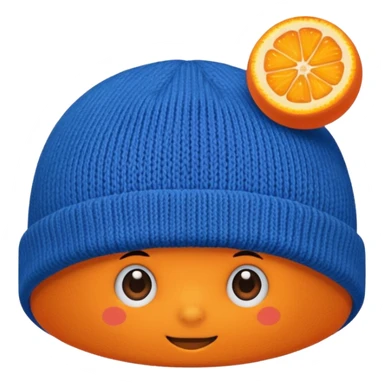 Blue beanie with an orange rim, and an orange puff dot at the top sticker