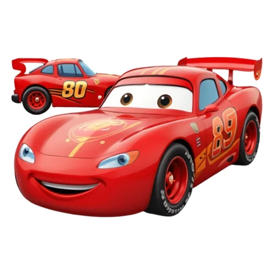 Rayo McQueen smiling, simplified red car with cartoon eyes sticker