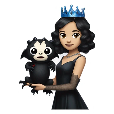 relaxed low-cut back silk black evening gown with lace gloves, Jenna Ortega as Addams woman prom queen wearing a mini tiara, very large blood blue evil-looking horned old dragon hand puppet sticker