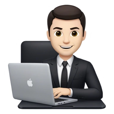 memoji of a white male realtor with a laptop in front, modern, dark hair, evil smile sticker