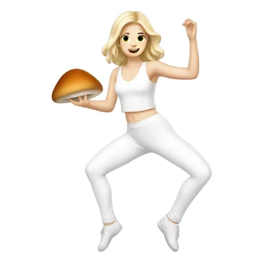White Girl wearing an all white dancing outfit dancing with a mushroom  sticker