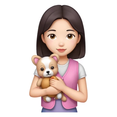A beautiful Asian girl, fair complexion, wearing a pink vest, holding a little teddy dog in her arms sticker