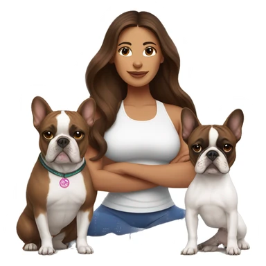 latin women with long brown hair in yoga outfit standing alongside two french bulldogs  sticker