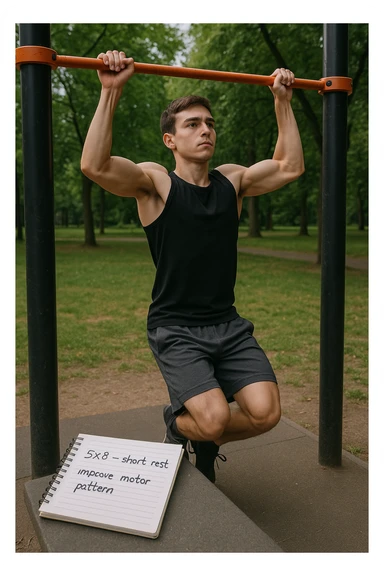 Giovane principiante dello streetlifting in un parco, fisico ancora asciutto, esegue lunghe serie di trazioni senza peso, con tecnica controllata. A terra, un taccuino con scritto '5x8 - riposo breve - migliorare schema motorio'. Espressione concentrata. Luce naturale, atmosfera educativa, senso di costruzione progressiva. sticker
