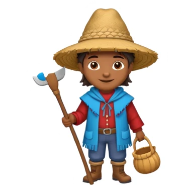 3D emoji style illustration of a Peruvian Andean farmer, wearing traditional chullo hat and poncho, holding a hoe, smiling, mountains in background, bright natural colors, bold outlines, glossy sticker style, transparent background sticker
