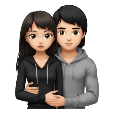 generate a pretty bratz girl in black cami top, dark brown straight long hair with bangs, eyeliner on, 

hugging a handsome muscular boy with black hair and a grey hoodie sticker