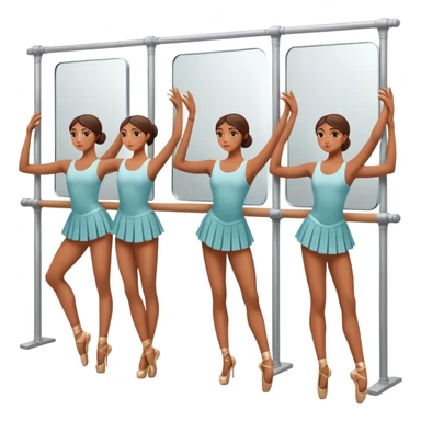Icon for Choreography: a group of dancers in identical poses, standing by a wall with mirrors, holding a long barre with one hand. The icon should capture the discipline and synchronized movement of dance training. Transparent background. sticker