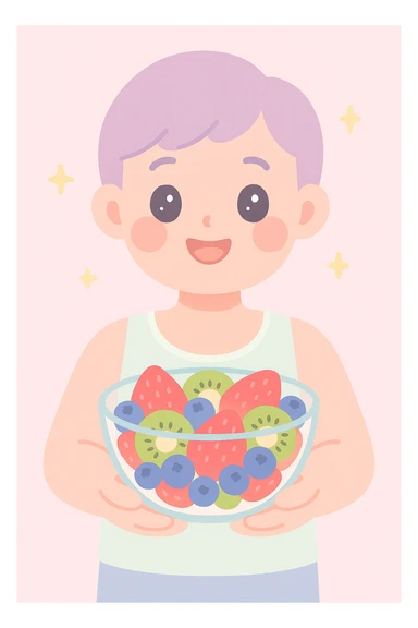 A cheerful person holding a glass bowl of colorful fruit salad, with vibrant pieces of strawberries, kiwis, and blueberries visible. The person is wearing a casual, light-colored tank top, and has a friendly, bright smile as they prepare to take a bite with a spoon. sticker