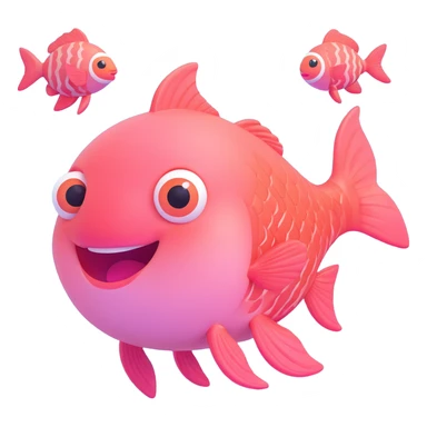 cute pink fish emoji, looking up, big smiling face, huge shiny eyes, rosy cheeks, tiny fins, soft pastel colors, underwater background with bubbles and coral, 3D glossy style, chibi emoji look, super kawaii sticker
