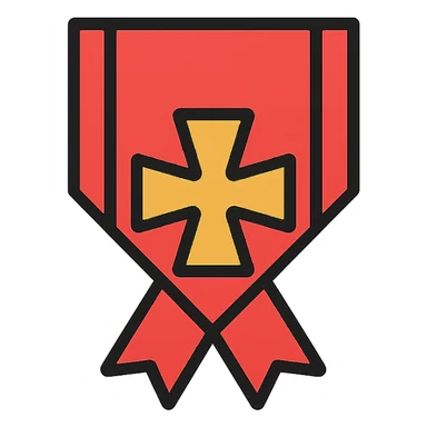 icon of an order ribbon with red band and golden Balkenkreuz, 64x64 pixels, clear and recognizable, icon style sticker