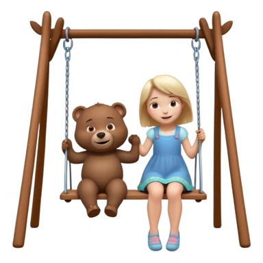 Create a 3D animated scene in the style of a children's cartoon. A small girl similar to Masha is sitting on a swing, smiling happily. A big friendly bear stands behind her gently pushing the swing. Bright colorful forest background, soft lighting, warm and playful mood." sticker