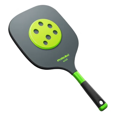 Modern Pickleball paddle graphite without holes, dark grey. 1 ball beside or on top the paddle florescent green at 45 degrees sticker