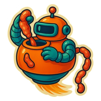 a robot that uses arms to put meat in large hole on top. sausage links come out robots rear. no legs on robot. robot hovers. robot feeds itself meat sticker