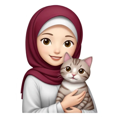 Asian white girl wearing  maroon hijab with white dress holding a black grey tabby cat while smiling sticker