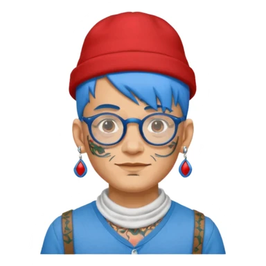 unique looking tourist with big unique red tourist hat and earrings, man with lots of tattoes and spectacles, blue hair showing sticker