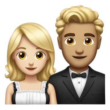 A blonde girl with a maid outfit and a brown haired attractive man with a black suit sticker