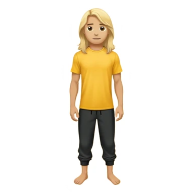 Surfer with long blond hair, yellow t-shirt, black baggy sweatpants. On a yellow and white board sticker