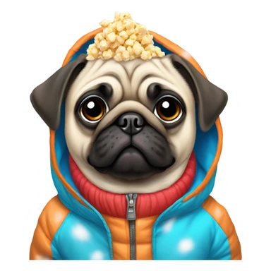 Pug wearing a snowsuit eating popcorn  sticker