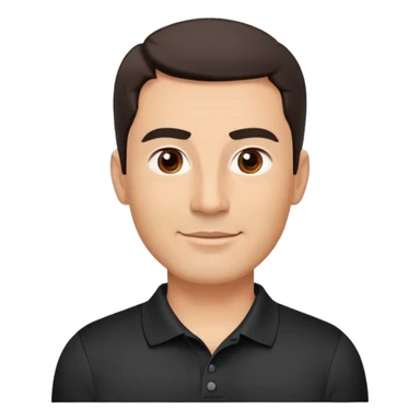 Middle-aged man with strong square face, pronounced jawline, full cheeks, neutral expression, dark brown eyes, thick eyebrows, wide proportional nose, friendly smile with medium lips, short dark hair neatly styled to the side, wearing a black polo shirt sticker