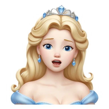 Cinematic Realistic Yawning Cinderella Portrait, showcasing lifelike porcelain skin and intricately detailed golden-blonde hair styled flawlessly as she mid-yawn reveals a moment of tender vulnerability. Her half-closed blue eyes and relaxed expression are rendered with natural, soft lighting that emphasizes the subtle textures of her face and the detailed, flowing fabric of her iconic gown. The scene glows with a cozy, authentic warmth that captures a rare, intimate moment of repose. sticker