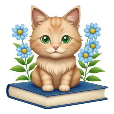 A beige fluffy cat sits on top of a blue book + flower aesthetic  sticker