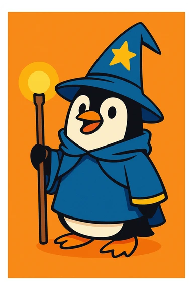 a penguin dressed as a wizard, with a pointy hat and a magic staff, in a fun and whimsical style sticker