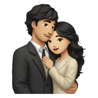 A half pale Asian man with short dark hair and amber eyes embracing and loving a half Asian woman with long wavy dark hair and dark hazel eyes. They love each other a lot And have good fashion taste. sticker