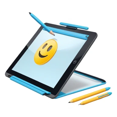 Create an emoji for 3D visualization and modeling. Show a large graphic tablet with a stylus drawing in a 3D modeling program. The 3D model on the screen should appear to protrude out of the screen. Use modern, professional colors. Make the background transparent. sticker