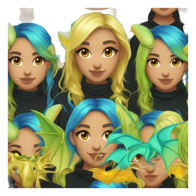 Lady with brunette and iridescent blue hair, gold, lime green dragon wings, black hoodie, bleach dyed, black and gold Nike t shirt, and bright red eyes sticker