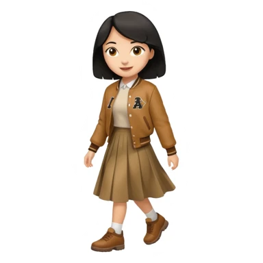  light skin, black cololong hair girl with brown varsity jacket and long skirt walking  sticker