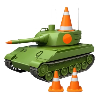 green military tank with a traffic cone with a sad face flattened under its treads, emoji style sticker