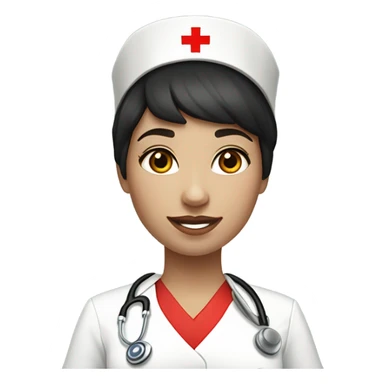 pixie cut black straight hair female nurse with red cross sign hat wearing dress
pale skin color sticker