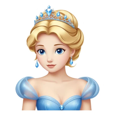 Cinematic Stunning Cinderella Portrait Emoji, Radiant in her sparkling blue ball gown, golden hair in a perfect updo, soft blue eyes full of wonder, glistening tiara, glowing with an ethereal beauty, regal yet kind, a dreamlike aura surrounds her, capturing the essence of a fairy tale princess, elegant and breathtaking! sticker