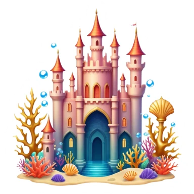 Ariel's underwater castle from The Little Mermaid, golden spires, colorful coral, seashell architecture, bubbles sticker