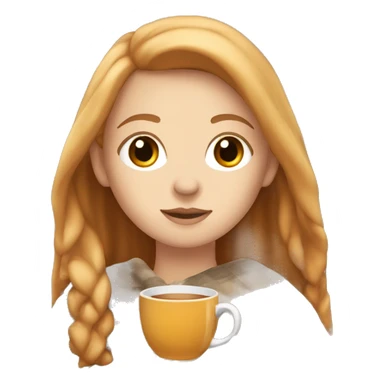 white girl with reddish blonde long hair and brown eyes with blanket wrapped about shoulders and sipping tea sticker