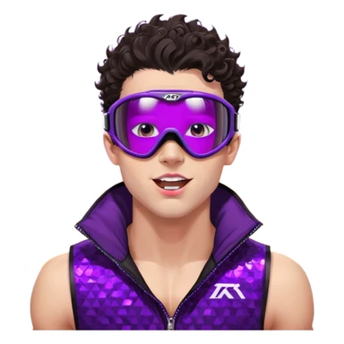 close-up of cool guy male athlete with white skin and moderately curly dark brown hair on top with shaved sides, with one purple ski goggle lens pushed up above his eyes on his forehead, sticking his tongue out of his mouth, a simple plain black chain necklace, and a completely unzipped sleeveless vest with purple and black sequin fire pattern design with no logo sticker