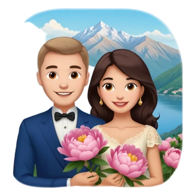 Couple traveling in Montenegro russian man and elegant  Latina girl delicate peonies and mountains in the background  sticker
