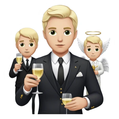 white man with blonde hair with half of him shown as a rich man with money eyes and him holding a champagne glass and him wearing a suit and the other half shown as a poor man who was a soldier with the rich side having a angel ring and the other half having a devil horn sticker