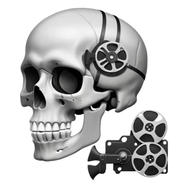 Minimalist emoji-style sticker of a human skull in profile, with a film reel replacing the brain. Grayscale icon with bold silhouette.
 sticker