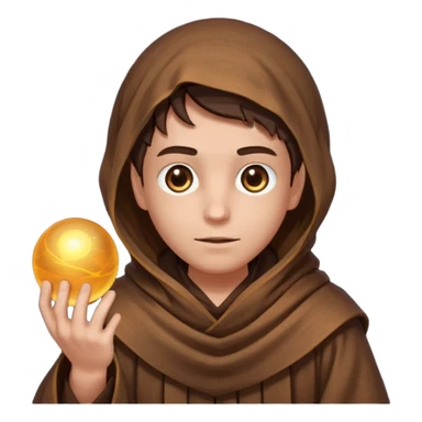 Coarse, hand-woven brown robes with deep,  shadowed cowls  with A dark, light-absorbing void within the hood where only two glowing yellow or orange eyes are visible. In AI generation, specify "glowing orb-like eyes" or "beady luminous eyes". sticker