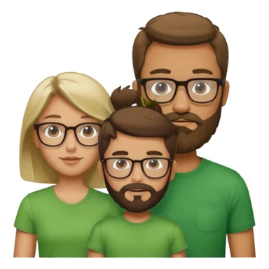 A family consisting of a man who's bearded, tanned, wearing glasses, a woman, slightly tanned, and a 14 year old teenage boy, slightly tanned, wearing a green t-shirt, not everyone is wearing glasses,  sticker