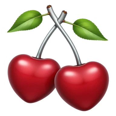 A pair of cherries emoji made of polished silver chrome, smooth rounded shapes, glossy metallic finish, soft highlights and reflections, cute proportions, iOS emoji style, centered, clean white background, no text sticker
