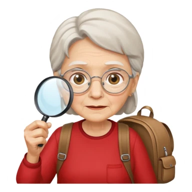 Explorer old woman with red shirt backpack and magnifying glass sticker