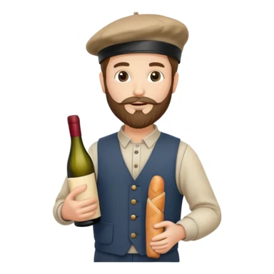 French man with beard, béret, trousers, holding a baguette and wine  sticker