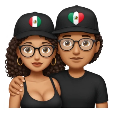 A picture of an embracing tanned couple. the man is a Mexican man with tanned skin, with a bald hair cut wearing a SnapBack hat and a black shirt. the woman is mixed, with long curly dark brown hair and with big boobs and eyeglasses  sticker
