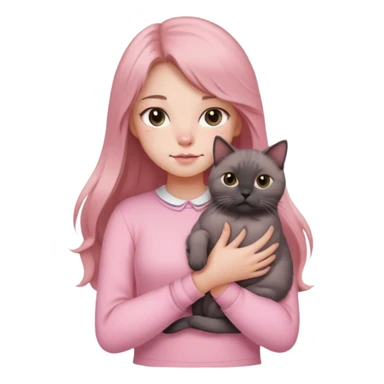 
girl with light brown long hair, grey eyes and fair skin in pink pastel clothes holds a black British cat in her arms sticker