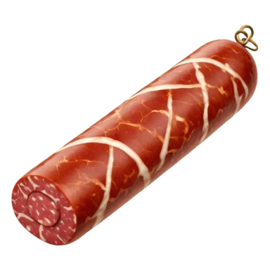 whole dry-cured sausage, firm cylindrical shape, rustic white-mottled casing, one end cleanly sliced to show dense marbled deep red meat and white fat, slightly wrinkled surface, artisanal look, no string, board, or slices, soft lighting, emoji scale sticker
