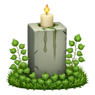 Gravsten med lite ivy som klättrar på den och framför i gräs ett stående vitt brinnande blockljus sticker